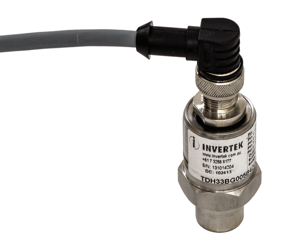 Pressure Transducer 4-20mA output 24VDC supply 20 Bar 7/16-20 SAE female with 45° flare and valve depressor 3-pin Packard connector 1% accuracy all stainless steel wetted parts